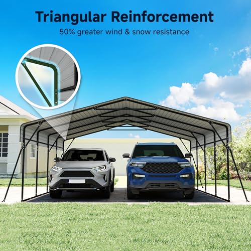 Image of Heavy Duty Metal Carport, 20 x 20FT Outdoor Carport with Galvanized Steel Frame and Roof, Multi-Use Car Shelter for 2 Cars, Pickup, Tractors, Gray