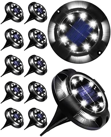 K.E.J. Solar Ground Lights Outdoor 12 Led Disk Lights Garden Lights Solar Powered Waterproof In-Ground Outdoor Landscape Lighting for Patio Pathway Lawn Yard Deck Driveway Walkway (12 Pack)