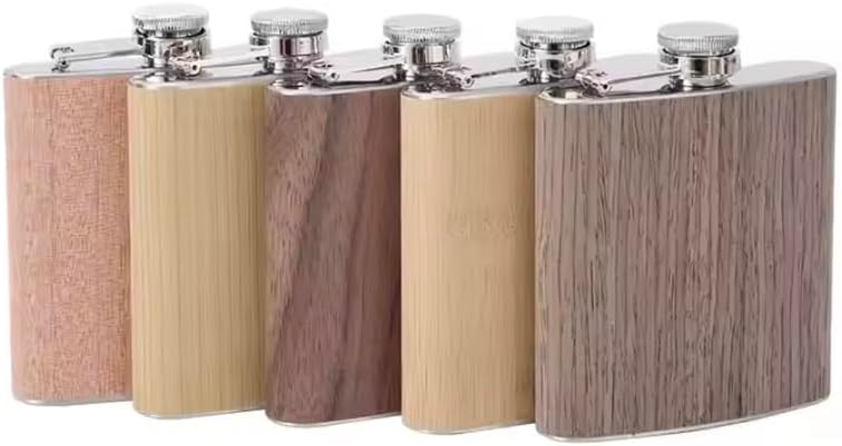 Wooden Whiskey Flask – Leak-Proof Stainless Steel Pocket Flask, Slim Wood Hip Flask for Men, Groomsmen Gift or Camping Adventure