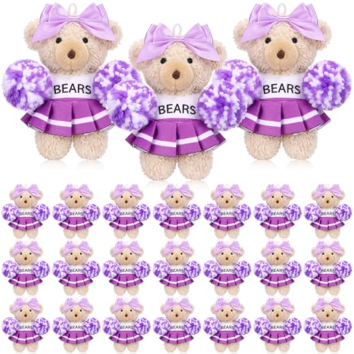 Blueweenly 24 Pcs Mini Cheer Plush Bear 4.7 Inch Cheer Team Gifts Bulk Cheerleader Stuffed Animal with Pom Poms and Bow Cheerleading Bear for Competition Gifts Team Party Favors (Purple)
