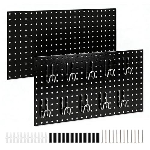 Image of DEWEL Peg Board 2 Pack, 23x12 Inch Metal Pegboard Panels with Hooks, Black Heavy Duty Wall Organizer System for Garage Tool Storage, Workshop, Office and Craft Room(2pcs black)