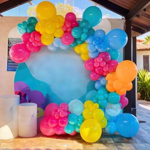 Image of Pool Party Balloons, 60pcs 12 Inch Blue Green Orange Yellow Hot Pink Teal Clear Balloons for Sea Life Theme Birthday Pool Beach Theme Party Decorations
