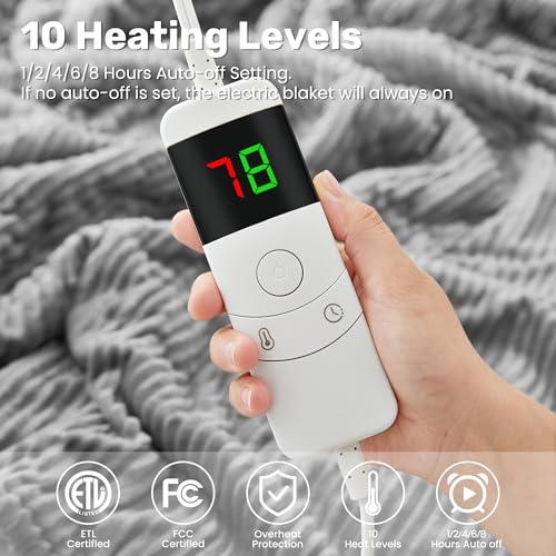 ETL Certified Heated Electric Blanket - Twin Size, 10 Heat Levels, Auto-Off