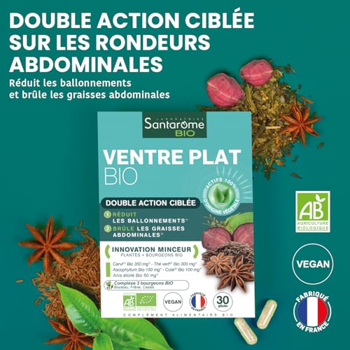 Santarome Bio - Ventre Plat I Complément Alimentaire Minceur Perte de Poids I Action Ciblée Rondeurs Abdominales - A base de plantes Bio - Carvi, Thé vert I 30 comprimés I Végan I Made In France – Image 3