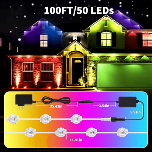 Image of 100FT Permanent Outdoor Lights, IP68 Waterproof Outdoor RGBW LED Eaves Lights 50LEDs with Smart App Control, Music Synchronization for Christmas Garden Party Holiday House Decorations