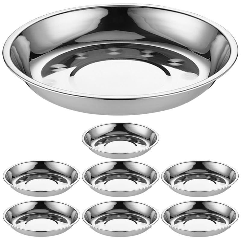 GOOHOCHY Stainless Steel Round Dinner Plates 6.22In Food Serving Trays Barbecue Platters Snack Dishes Set of 8 Lightweight Easy to Clean for Family Parties Weddings