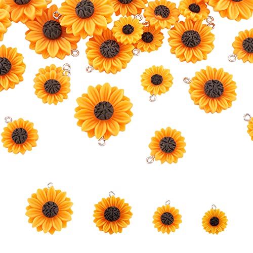 Cheriswelry 40Pcs Orange Sunflower Resin Charm Flat Back Daisy Flower Dangle Charms Beads with Loop for DIY Jewellery Making