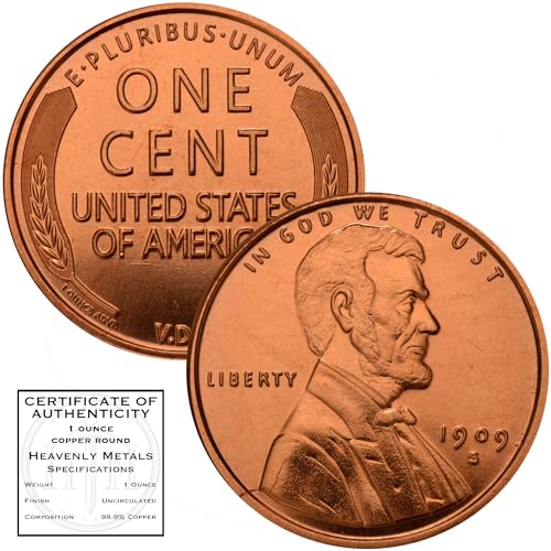 Lincoln Wheat Cent 1909 S VDB Design 1 oz Pure .999 Copper Round Collectible Jumbo 39mm Coin in Capsule – COA by Heavenly Metals