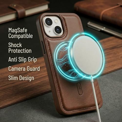 Image of amazon basics Premium PU Leather Case for iPhone 13, MagSafe Compatible Magnetic Ring, Sleek Protective Back Cover - [Brown]