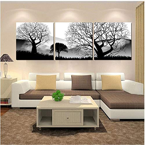 Tríptico Arte De La Pared Lienzo 3 Piezas Paisaje De Pradera De Árbol Grande Blanco Y Negro Tríptico Cuadro Moderno Corredor Dormitorio Trípticos De Salon Decoracion Mural Pintura Al Óleo-C1