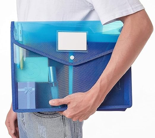 Image of HCS A4 Document File Bag, Transparent Envelope Holder Storage Case, Snap Button Organizer, Plastic Container for Papers, Stationery (Multi-Color) (Pack of 2)