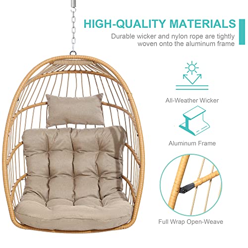Switte Hanging Egg Chair With Stand, Egg Swing Hammock Chair With Stand, Indoor Outdoor Wicker Egg Chair With Cushion Headrest For Patio Bedroom Porch Garden, 350Lbs Capacity(Cream) #TOP4