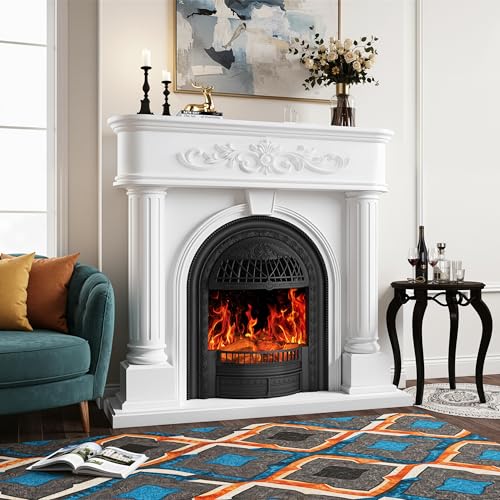 Image of 50 inch Solid Wood Electric Fireplace with Mantel, White Roman Column TV Stand with Black Arched Birdcage Heater Insert, Elegant Fireplace for Living Room, Bedroom & Entryway