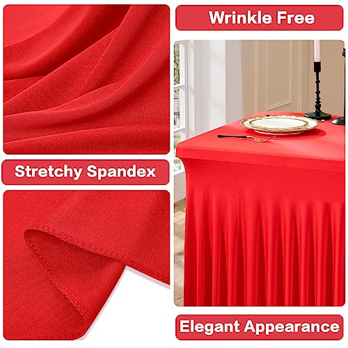 Image of 2 Pack Red Spandex Tablecloths for 6 Foot Rectangle Tables, Wrinkle Free 6ft Fitted Table Cloth Stretchy Table Clothes with Skirt for Parties Weddings Birthday Banquet Baby Shower