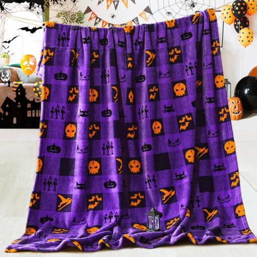 Touchat Halloween Blanket, Fleece Throw Blankets, Buffalo Plaid Throw Blanket for Couch Sofa Bed, Soft Warm Fuzzy Cozy Plush Checkered Blanket, Farmhouse Fall Decor, Purple