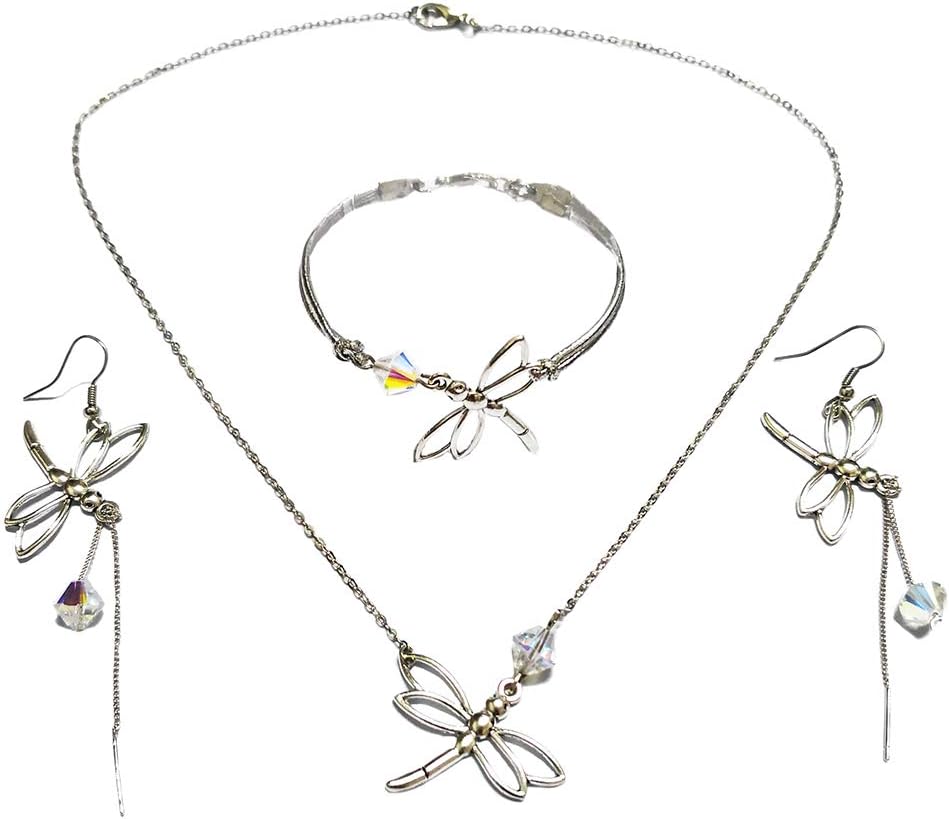 Silver Dragonfly jewelry set Bracelet Necklace Earrings with Shiny Crystal Bead Rope Fashion for Woman girl Student Bridesmaid Mother's Day