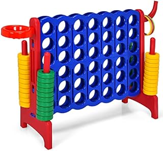 GYMAX Giant 4 in a Row Game, Jumbo Connect 4 Garden Games with 42 Rings, Basketball Hoop, Ring Game & Quick-Release Slider, Outdoor Four in a Row Toys for Kids Adults Family (Red)