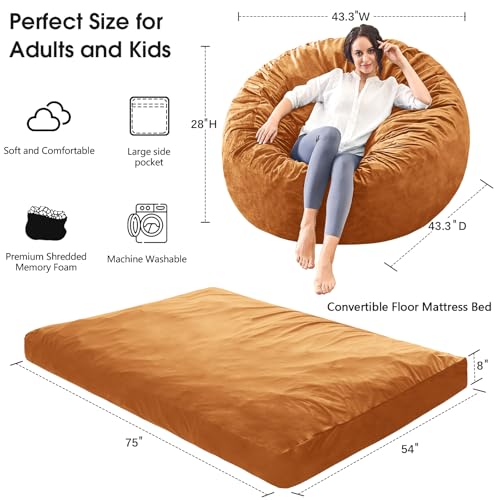 Bean Bag Chairs for Adults - Giant Bean Bag Chair Convertible Bean Bag Bed - Beanbag Chair with Micro Fiber Cover/Furniture Foam Filler - Floor Couch Sofa in Bedroom Dorm Room - Full Golden Brown