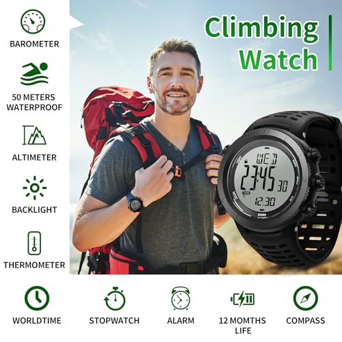 Image of EZON Climbing Hiking Watch Waterproof Outdoor Sports Watch with Compass Thermometer Barometer Altimeter Wristwatch for Men H001, Black