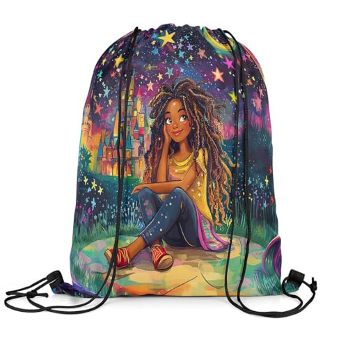 Image of jejeloiu Cute Black Drawstring Backpack 13x15.7inch African American Waterproof Gym Drawstring Bags Cartoon Sports String Backpack Beach Swim Travel Bag Sackpack(No Glitt