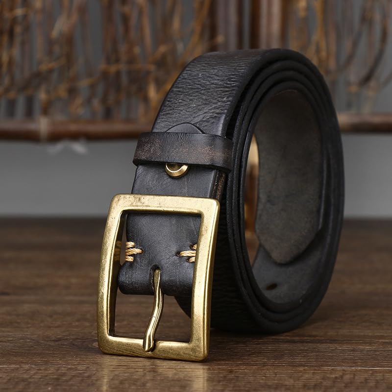 3.2CM Unisex Vintage Distressed Genuine Leather Belt, Durable Top-Grain Cowhide Strap with Classic Pin Buckle for Jeans(115cm/45, Black)4