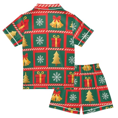 Satin Pajama Sets Short Sleeve Christmas Bells Tree Pattern Button Down Silky Nightwear 2 Piece PJS 5-14Y2