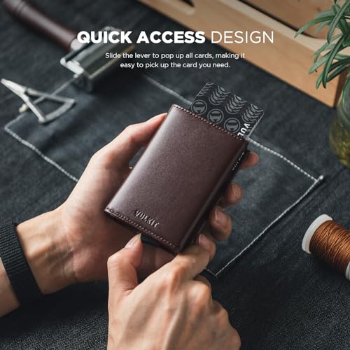Image of VULKIT Credit Card Holder with Banknote Compartment RFID Blocking Pop up Leather Card Wallet with ID Window, Top-Grain Cowhide Epresso, Minimalist