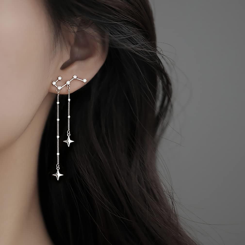 SLUYNZ Sterling Silver CZ Star Dangle Earrings for Women Teens Long Dangle Earrings Chain Dipper Crawler Earrings Tassel (A-Silver)