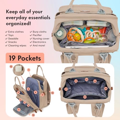 Image of Dikaslon Diaper Bag Backpack with Portable Changing Pad, Pacifier Case and Stroller Straps, Large Unisex Baby Bags for Boys Girls, Multipurpose Travel Back Pack for Moms Dads, Milk Tea Khaki
