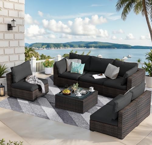 Grezone-Patio-Furniture-Set-7-Piece-Outdoor-Wicker-Sectional-Sofa-All-Weather-High-Backrest-PE-Rattan-Couch-Conversation-Set-with-Cushion-Glass-Top-Table-for-Backyard-Deck-Porch-Black Grezone Patio Furniture Set 7 Piece Outdoor Wicker Sectional Sofa All Weather High Backrest PE Rattan Couch Conversation Set with Cushion Glass Top Table for Backyard Deck Porch Black