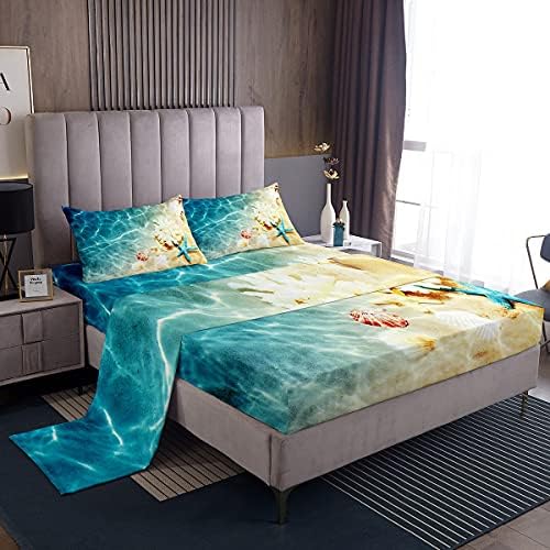 Ocean Bed Sheets Set Queen Beach Fitted Sheets Coastal Nature Theme Pattern Teal Flat Sheet Boys Girls Hawaiian Top Sheet Sea Wave Animals Starfish Sheet Set 2Pillow Cases, Blue Room Decor