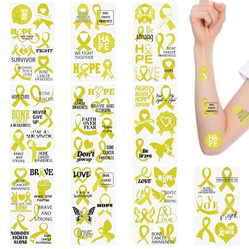 WANDIC 30 Sheets Bone Cancer Awareness Temporary Tattoos, Yellow Ribbon Awareness Tattoo Sticker Cancer Survivor Decals for Charity Event Decoration