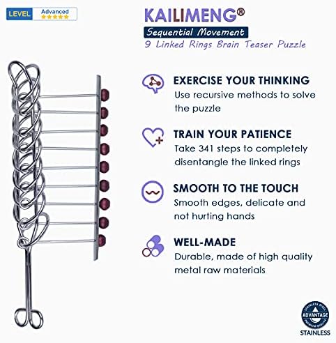 KAILIMENG Adult Puzzles - 9 Linked Rings Brain Games - Brain Teasers for Adults and Kids - Classical Chinese Metal Trick IQ Toy 3 51GIzzTRCOS. AC