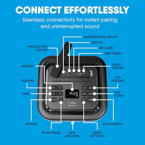 Carry-on Soundtrack Portable Bluetooth Speaker - Dual Microphone Inputs with Dynamic LED Lighting - Outdoor Speaker with Superior Sound and Lightweight Design for Indoor & Outdoor Events Carry-on Soundtrack Portable Bluetooth Speaker - Dual Microphone Inputs with Dynamic LED Lighting - Outdoor Speaker with Superior Sound and Lightweight Design for Indoor & Outdoor Events