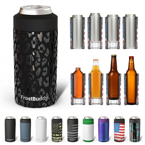 Image of Frost Buddy Universal Buddy Can Cooler - Fits All - For Regular 12 & 16 oz or Slim-Size Bottles - Insulated Double-Walled Stainless Steel (Black Leopard)