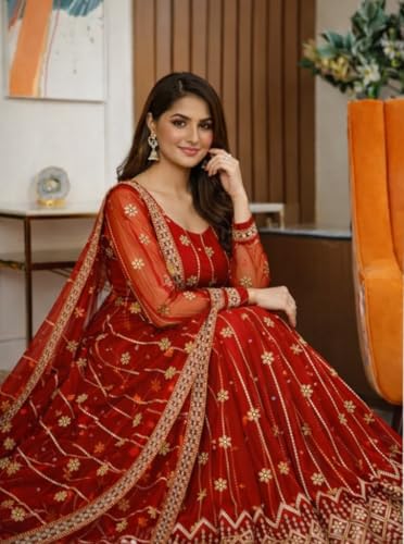 Image of Traditional Net Lehenga Choli Set for Women and Girls | Ethnic Wedding Outfit Ghagra Choli with Matching Dupatta
