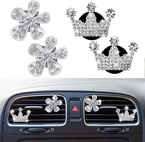 Image of 4 Pcs Bling Daisy Air Vent Clips, Crystal Crown Car Air Fresheners Vent Clips Charms Rhinestone Diffuser Vent Clip Crown Car Interior Decoration Cute Car Decor Bling Flower Cute Car Accessories for Women (Crown&Daisy)