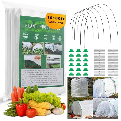 Plant Covers Freeze Protection Kit for Winter, 10 x 30 FT 1.23 Oz Fabric Floating Row Cover Frost Cloth Outdoor Plant Blanket for Frost Snow Protection, Greenhouse Garden Tunnel Hoops for Raised Beds