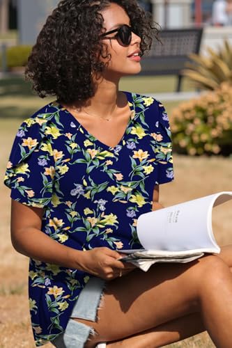 Image of CATHY 2026 Women Tops Summer Short Sleeve Tunic V Neck T-Shirts Loose Casual Floral Blouse S-4XL