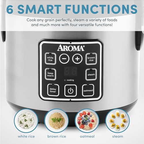 Image of AROMA 8-Cup (Cooked) / 2 Qt. Digital Rice & Grain Multicooker, Durable Nonstick Inner Pot, Oatmeal, Steam, White & Brown Rice, Keep Warm