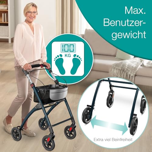 ELONEO Wohnungsrollator 54cm breit, faltbar und leicht, inkl. Tablett & Stoffkorb, Rollator schmal für die Wohnung, Indoor-Rollator, klappbar, Aluminium,Mobilität für Zuhause anthrazit