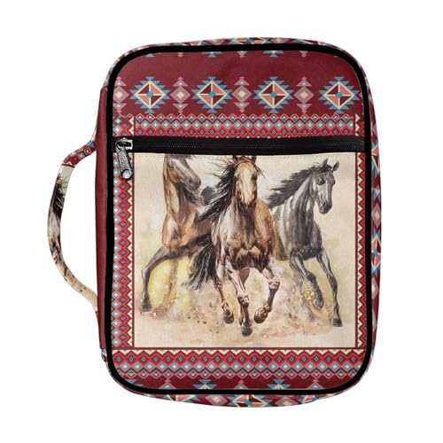Red Western Horse Bible Cover Case Tribal Geometry Print Carrying Book Case Church Bag Bible Protective with Handle,Gift for Men, Women, Father, Mother