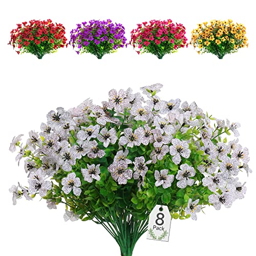 SOMYTING Künstliche Blumen 8 Bündel im Freien UV-beständig gefälschte Blumen Kein Verblassen Grüne Künstliche Pflanze Garten Veranda Fenster Box Büro Sträucher Dekorieren (Weiß)