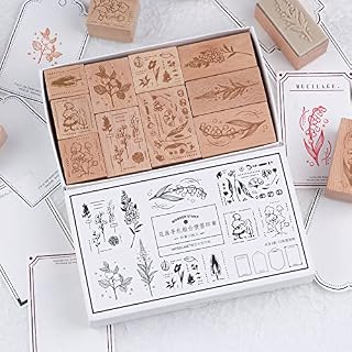 RisyPisy 10pcs Wooden Stamps, Flower Rubber Stamps & 12 Sheets Border Style Card for Card Making, Clay Art, Scrapbooking, Letter, Journaling Supplies
