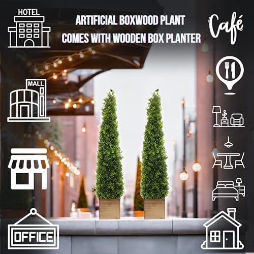 Season’s Need Artificial Boxwood Cone Tower 4ft Tall Topiaries Tree Set with Wooden Planter - Indoor Outdoor Décor, 2 Pack Fake Bushes - Potted Plant - Image 7