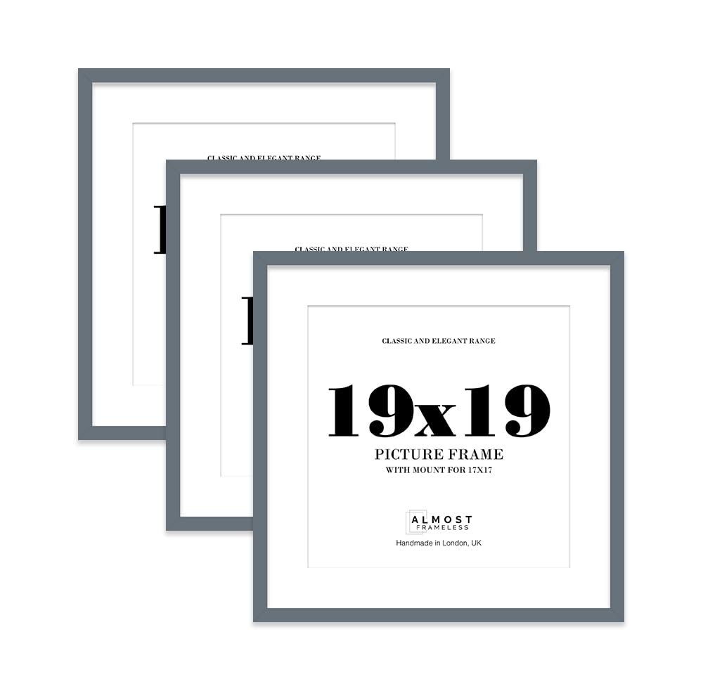 19x19 Grey Picture Frame with Mount for 17x17 Photos, Prints - Modern Square Wall Frame, Set of 3