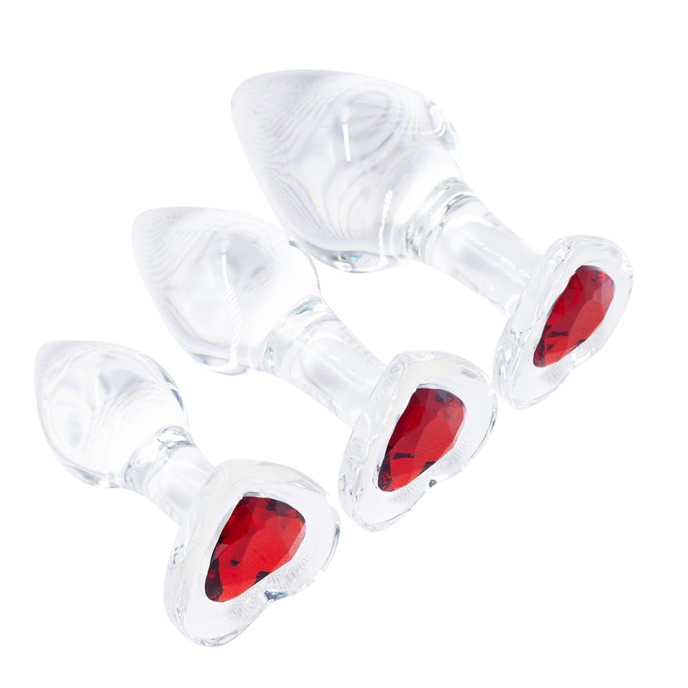 BeHorny Butt Plug Clear Glass Anal Plug Set (3 Sizes) with Heart-Shaped Red Gem Base