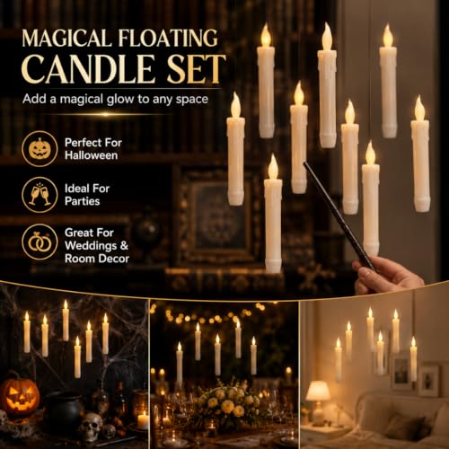 Image of Wanna Party Magical Floating Candles with Remote Wand, 12 Pcs Warm Yellow Flickering Flameless Hanging Candles with Clear Line & Adhesive Hooks for Wizard Theme Birthday, Halloween & Room Decoration