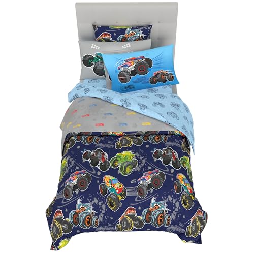 Hot Wheels x Monster Trucks Bedding Set Twin Size 5 Piece Set Kids Super Soft Cozy Reversible Comforter and Sheet Set with Sham (100% Officially Licensed Product) by Franco