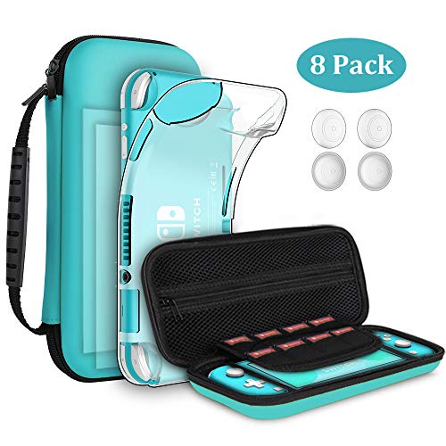 8pcs GeeRic Custodia Compatibile per Switch Lite, 2pcs Vetro Temperato + Cover + 4 Thumb Grips + Borsa +Accessori 8 in 1 Kit Compatibile con Switch Lite Turchese